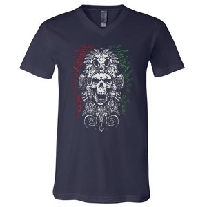 Ancient Aztec King Mexican Skull Mayas Mask Calavera Azteca V-Neck T-Shirt