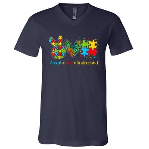 Autism Accept Love Understand Puzzle Pieces Tie Dye Rainbow V-Neck T-Shirt