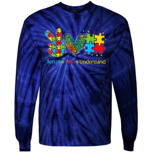 Autism Accept Love Understand Puzzle Pieces Tie Dye Rainbow Tie-Dye Long Sleeve Shirt