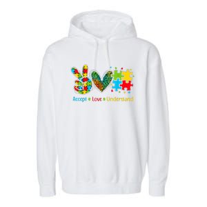 Autism Accept Love Understand Puzzle Pieces Tie Dye Rainbow Garment-Dyed Fleece Hoodie