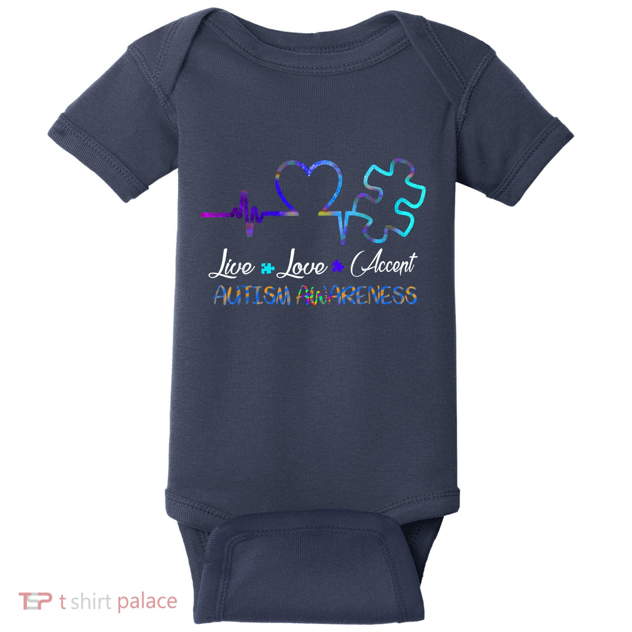 Autism Awareness Live Love Accept Puzzle Heartbeat Baby Bodysuit