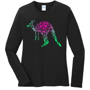 Australia Animal Lover Colorful Painting Kangaroo Ladies Long Sleeve Shirt