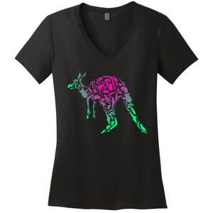 Australia Animal Lover Colorful Painting Kangaroo Women's V-Neck T-Shirt