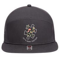 Autism Awareness Lets Grow Together Puzzle Flowers Autism Support Girl Gift 7 Panel Mesh Trucker Snapback Hat