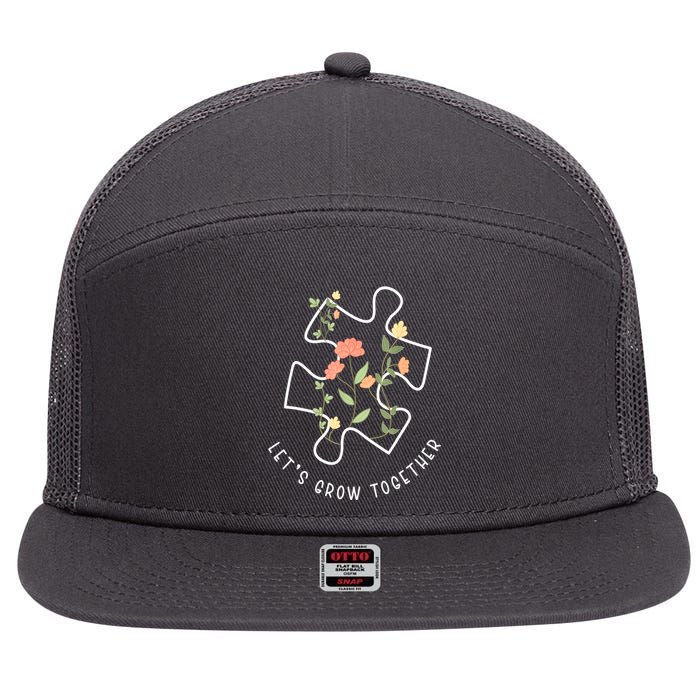 Autism Awareness Lets Grow Together Puzzle Flowers Autism Support Girl Gift 7 Panel Mesh Trucker Snapback Hat