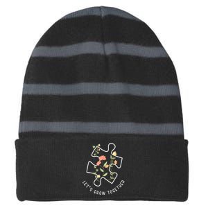 Autism Awareness Lets Grow Together Puzzle Flowers Autism Support Girl Gift Striped Beanie with Solid Band