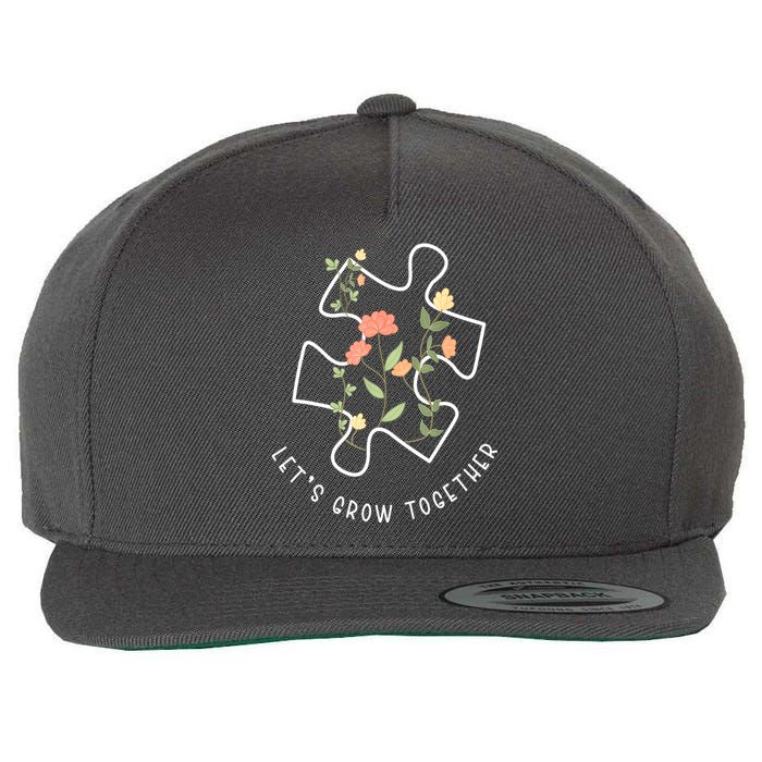 Autism Awareness Lets Grow Together Puzzle Flowers Autism Support Girl Gift Wool Snapback Cap