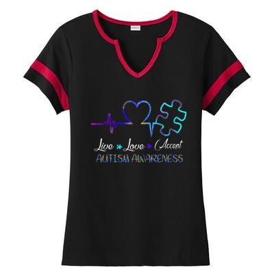 Autism Awareness Live Love Accept Puzzle Heartbeat Ladies Halftime Notch Neck Tee