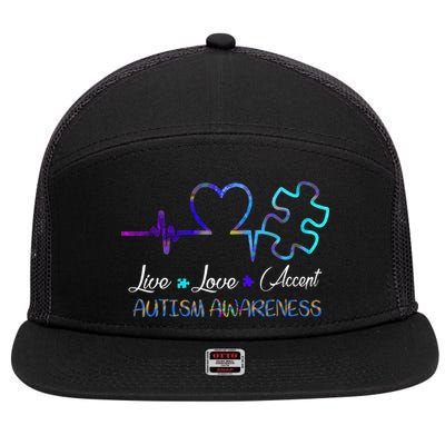 Autism Awareness Live Love Accept Puzzle Heartbeat 7 Panel Mesh Trucker Snapback Hat