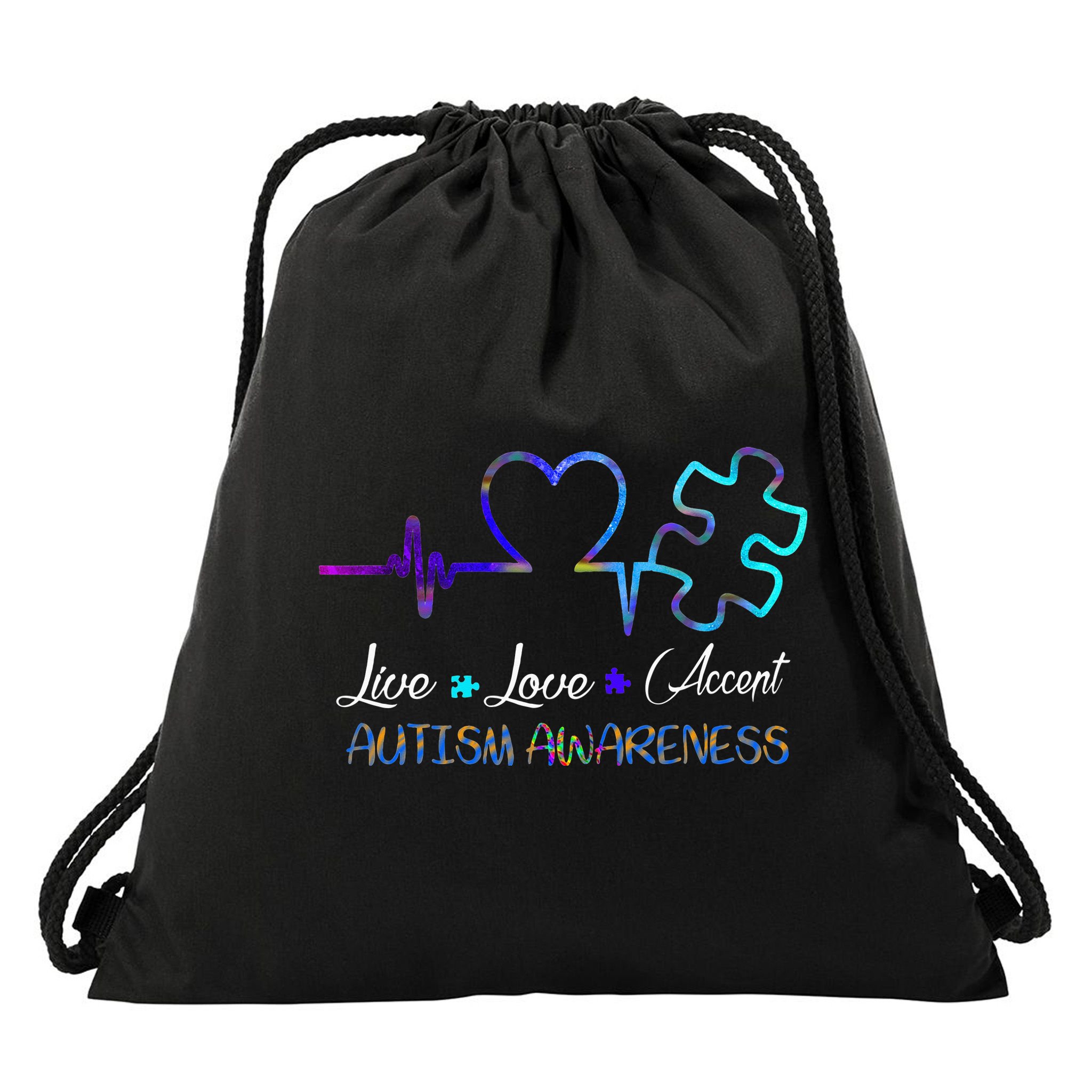 Autism Awareness Live Love Accept Puzzle Heartbeat Drawstring Bag