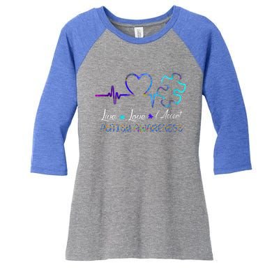 Autism Awareness Live Love Accept Puzzle Heartbeat Women's Tri-Blend 3/4-Sleeve Raglan Shirt