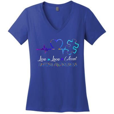 Autism Awareness Live Love Accept Puzzle Heartbeat Women's V-Neck T-Shirt