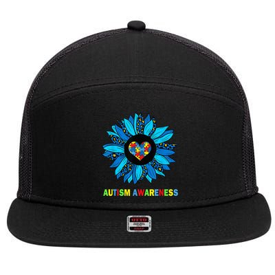 Autism Awareness Leopard sunflower Heart Puzzle wo kid 7 Panel Mesh Trucker Snapback Hat