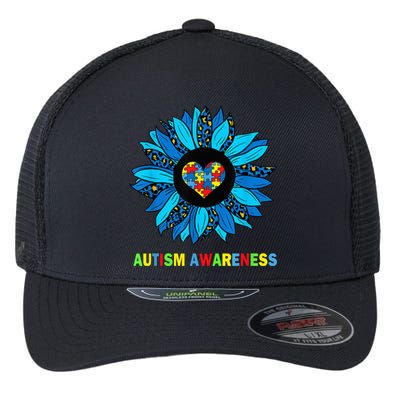 Autism Awareness Leopard sunflower Heart Puzzle wo kid Flexfit Unipanel Trucker Cap