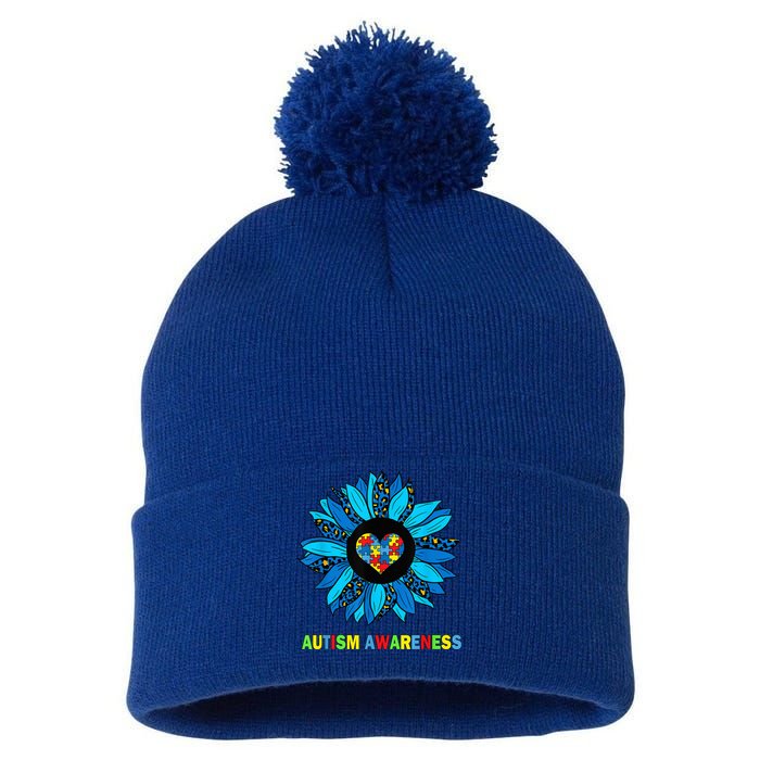 Autism Awareness Leopard sunflower Heart Puzzle wo kid Pom Pom 12in Knit Beanie