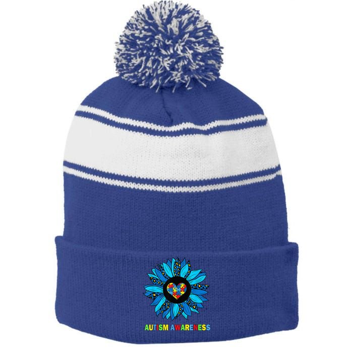 Autism Awareness Leopard sunflower Heart Puzzle wo kid Stripe Pom Pom Beanie