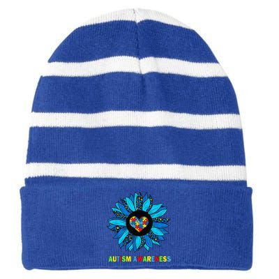 Autism Awareness Leopard sunflower Heart Puzzle wo kid Striped Beanie with Solid Band