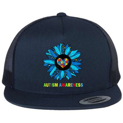 Autism Awareness Leopard sunflower Heart Puzzle wo kid Flat Bill Trucker Hat