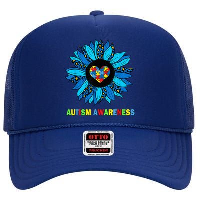 Autism Awareness Leopard sunflower Heart Puzzle wo kid High Crown Mesh Back Trucker Hat