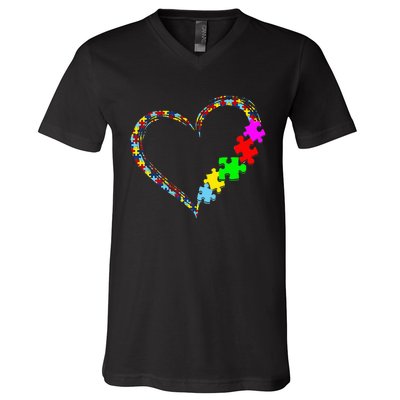 Autism Awareness Love Heart Puzzle Piece V-Neck T-Shirt