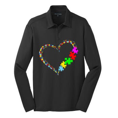 Autism Awareness Love Heart Puzzle Piece Silk Touch Performance Long Sleeve Polo