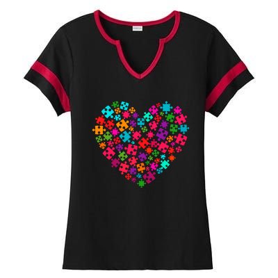 Autism Awareness Love Heart Puzzle Piece Valentine's Day Cute Gift Ladies Halftime Notch Neck Tee