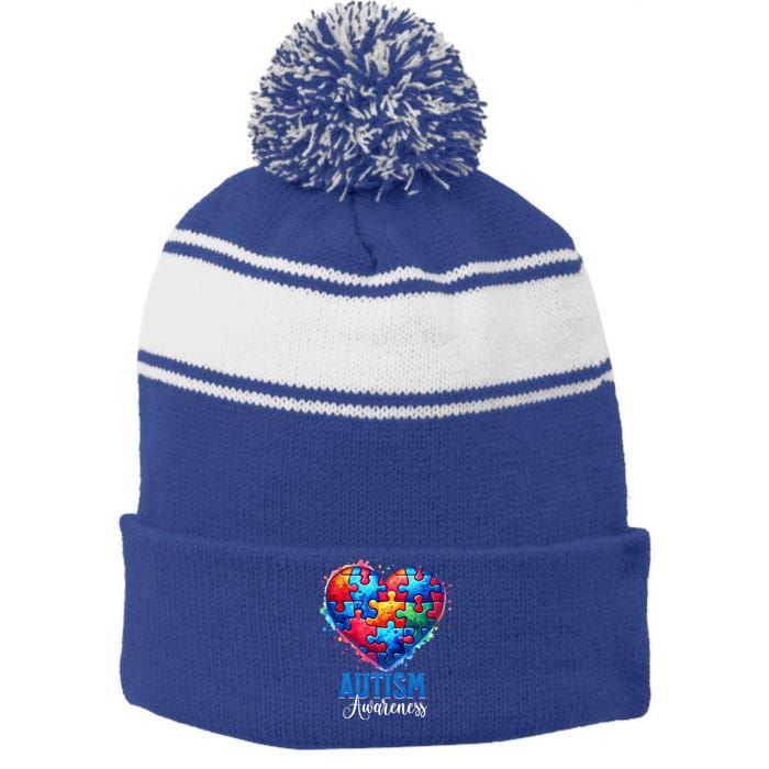 Autism Awareness Love Heart Puzzle Piece Gift Gift Stripe Pom Pom Beanie