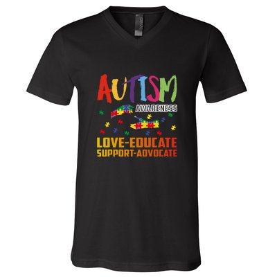 Autism Awareness Love Educate Support Advocate Puzzle Gift V-Neck T-Shirt