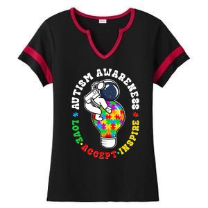 Autism Awareness Love Accept Inspire Astronaut Lightbulb Ladies Halftime Notch Neck Tee