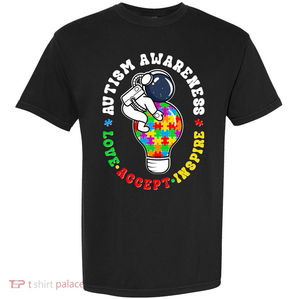 Autism Awareness Love Accept Inspire Astronaut Lightbulb Garment-Dyed Heavyweight T-Shirt