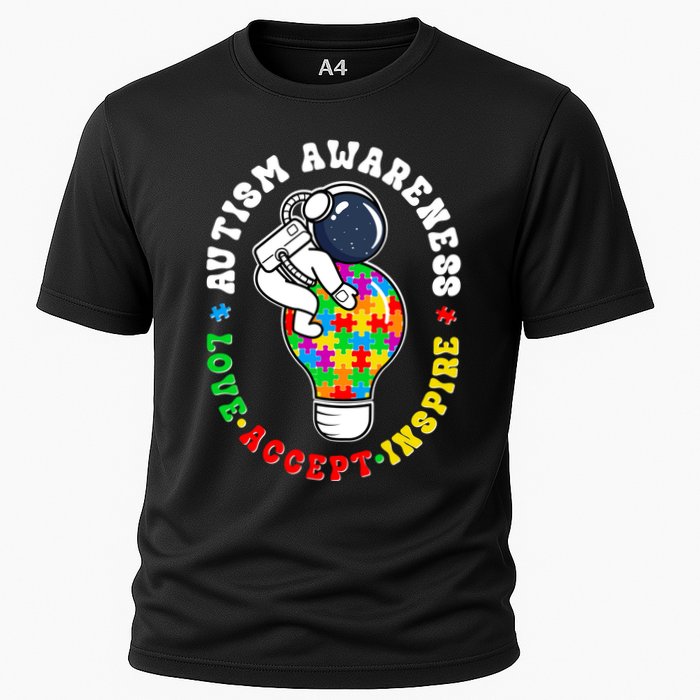 Autism Awareness Love Accept Inspire Astronaut Lightbulb Cooling Performance Crew T-Shirt