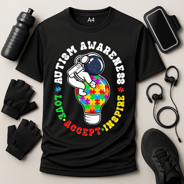 Autism Awareness Love Accept Inspire Astronaut Lightbulb Cooling Performance Crew T-Shirt