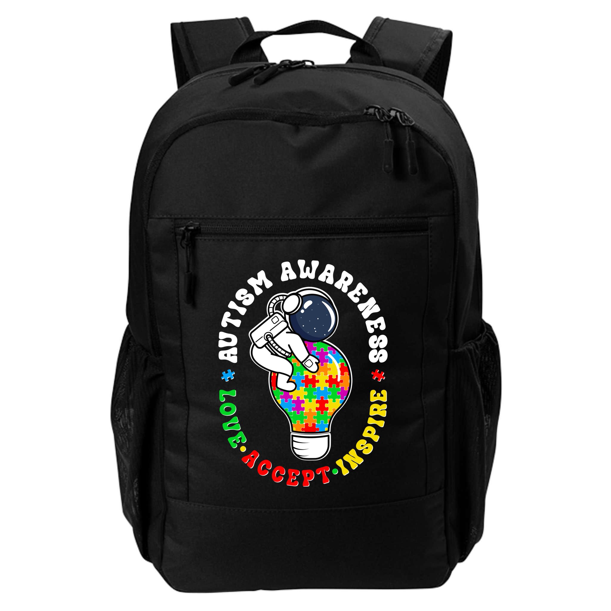 Autism Awareness Love Accept Inspire Astronaut Lightbulb Backpack