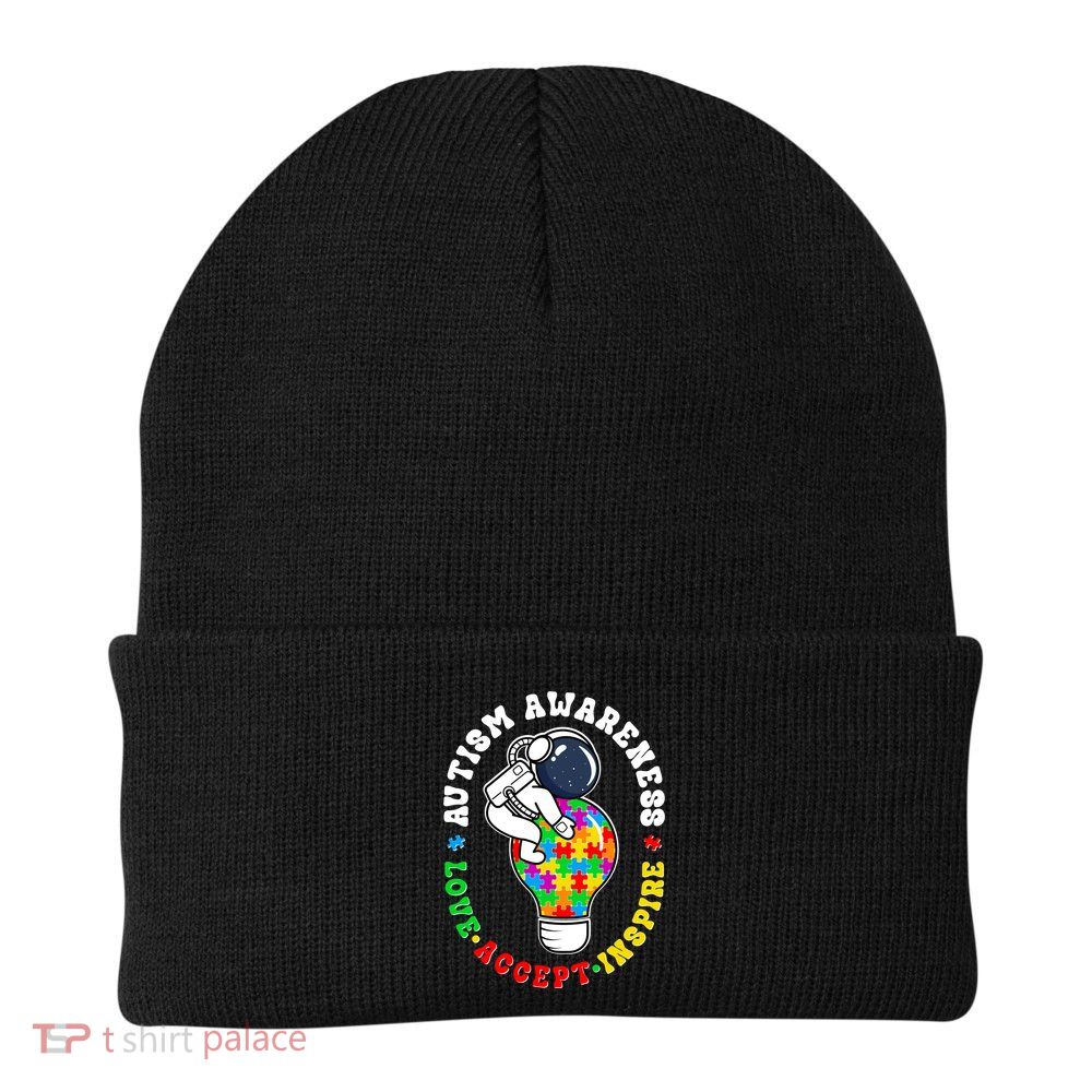 Autism Awareness Love Accept Inspire Astronaut Lightbulb Knit Cap Winter Beanie