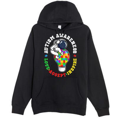 Autism Awareness Love Accept Inspire Astronaut Lightbulb Premium Pullover Hoodie