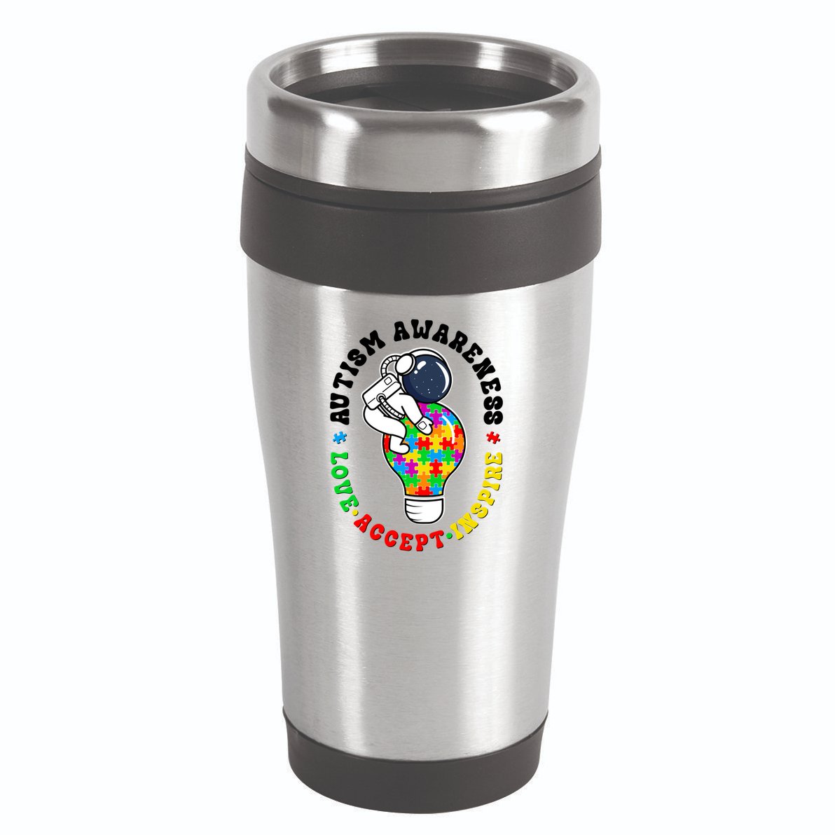 Autism Awareness Love Accept Inspire Astronaut Lightbulb 16oz Travel Tumbler