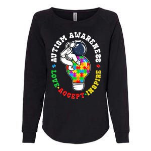 Autism Awareness Love Accept Inspire Astronaut Lightbulb Womens California Wash Sweatshirt