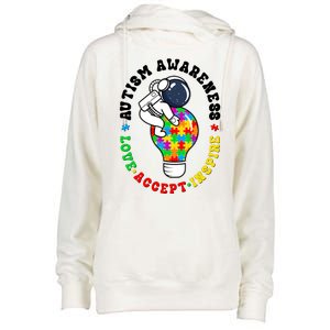 Autism Awareness Love Accept Inspire Astronaut Lightbulb Womens Funnel Neck Pullover Hood