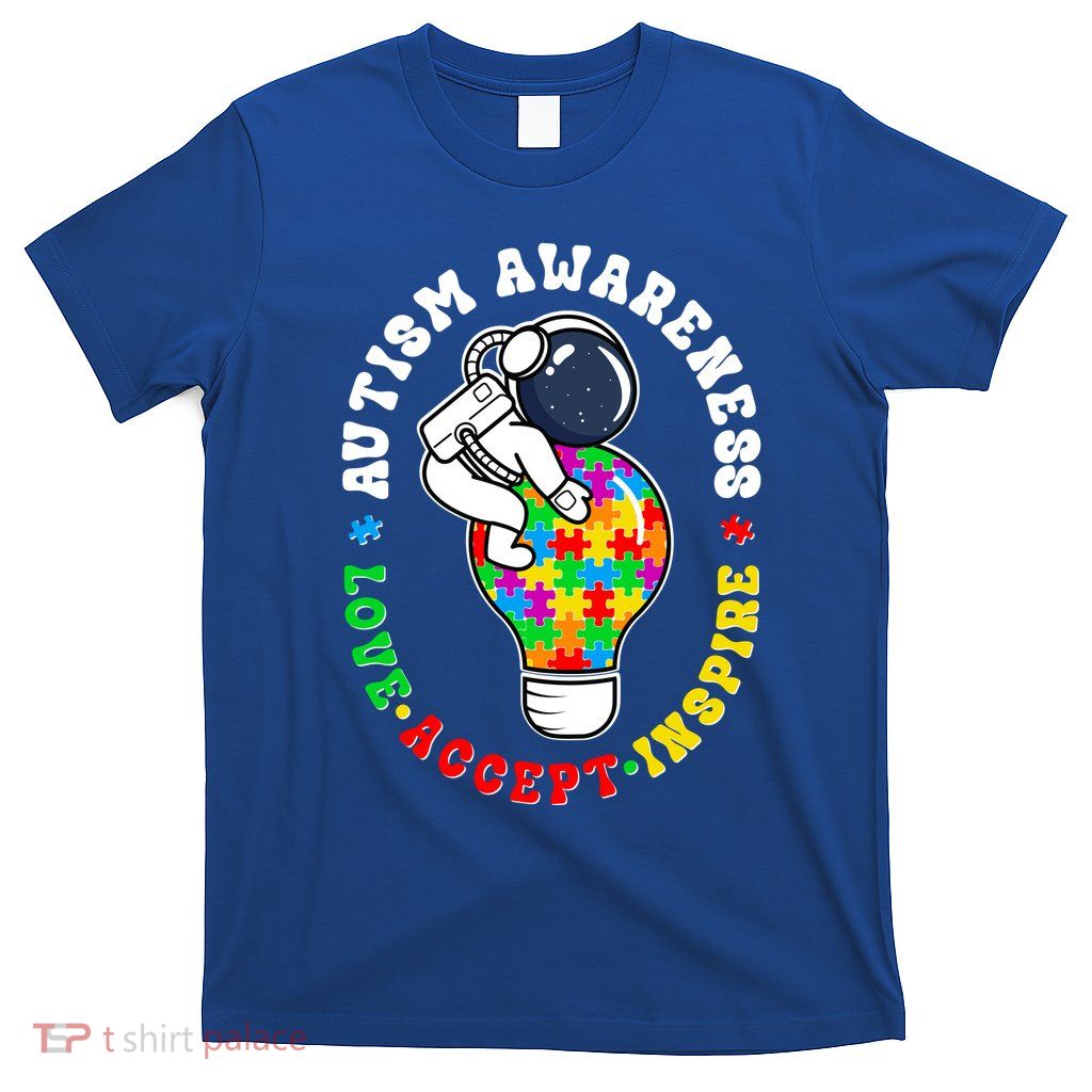 Autism Awareness Love Accept Inspire Astronaut Lightbulb T-Shirt