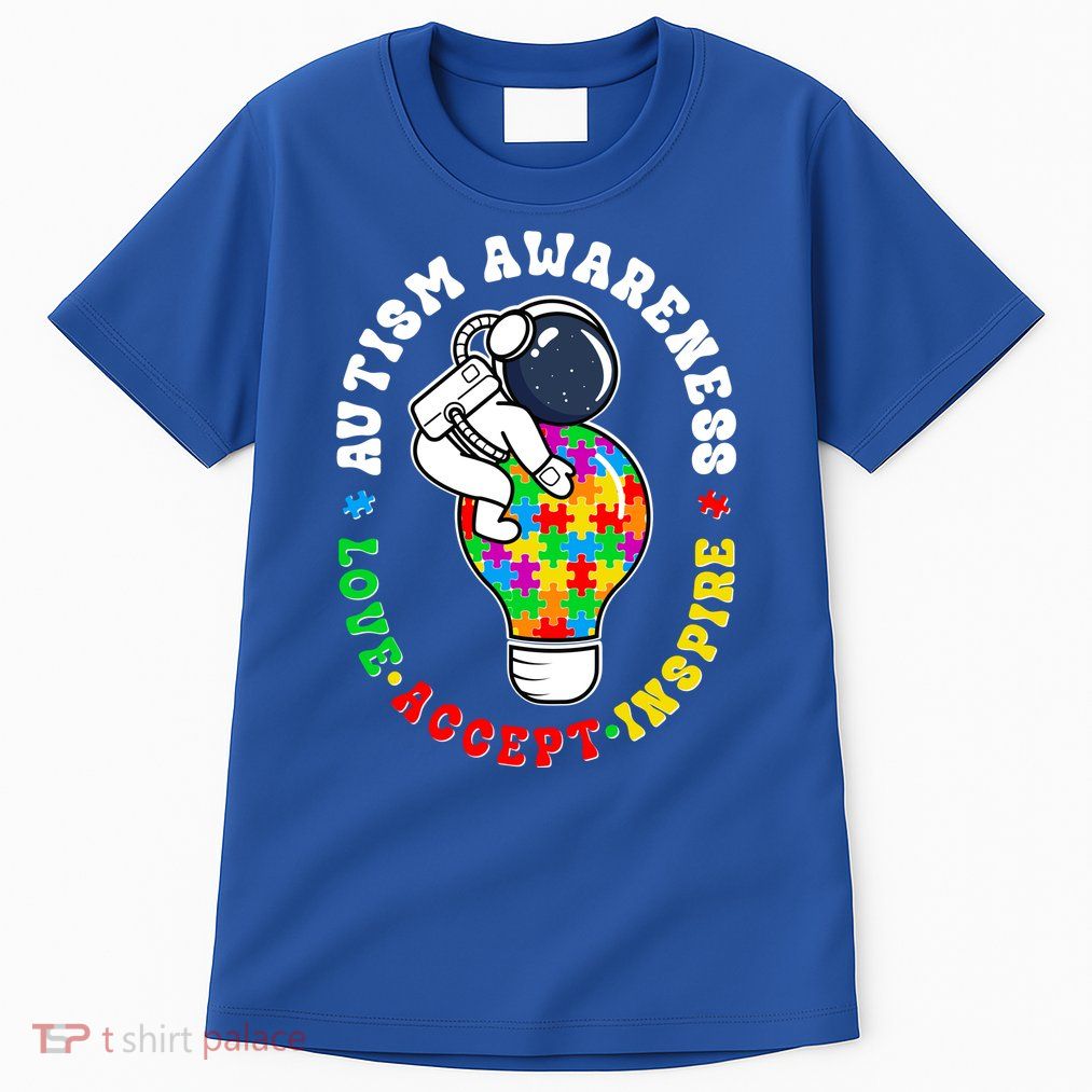 Autism Awareness Love Accept Inspire Astronaut Lightbulb Tall T-Shirt