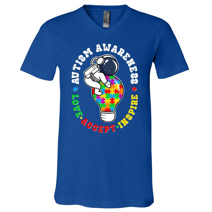 Autism Awareness Love Accept Inspire Astronaut Lightbulb V-Neck T-Shirt