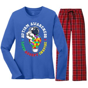 Autism Awareness Love Accept Inspire Astronaut Lightbulb Women's Long Sleeve Flannel Pajama Set 