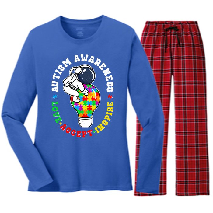 Autism Awareness Love Accept Inspire Astronaut Lightbulb Women's Long Sleeve Flannel Pajama Set 