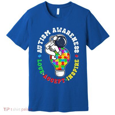 Autism Awareness Love Accept Inspire Astronaut Lightbulb Premium T-Shirt