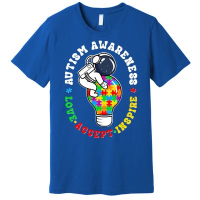 Autism Awareness Love Accept Inspire Astronaut Lightbulb Premium T-Shirt