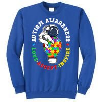 Autism Awareness Love Accept Inspire Astronaut Lightbulb Tall Sweatshirt