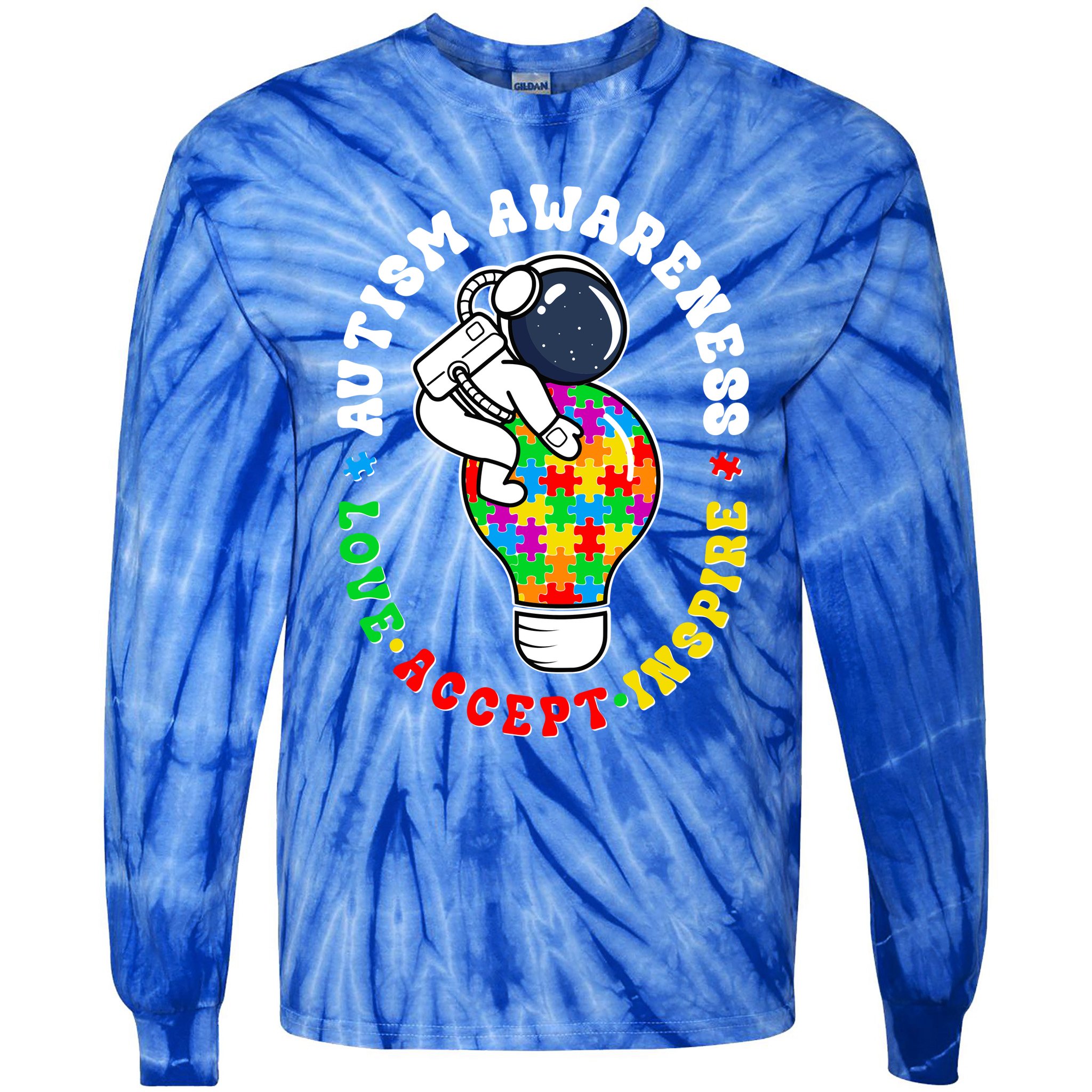 Autism Awareness Love Accept Inspire Astronaut Lightbulb Tie-Dye Long Sleeve Shirt