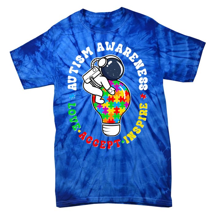 Autism Awareness Love Accept Inspire Astronaut Lightbulb Tie-Dye T-Shirt