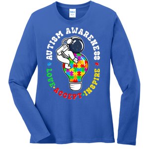 Autism Awareness Love Accept Inspire Astronaut Lightbulb Ladies Long Sleeve Shirt