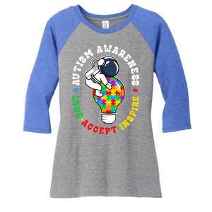 Autism Awareness Love Accept Inspire Astronaut Lightbulb Women's Tri-Blend 3/4-Sleeve Raglan Shirt